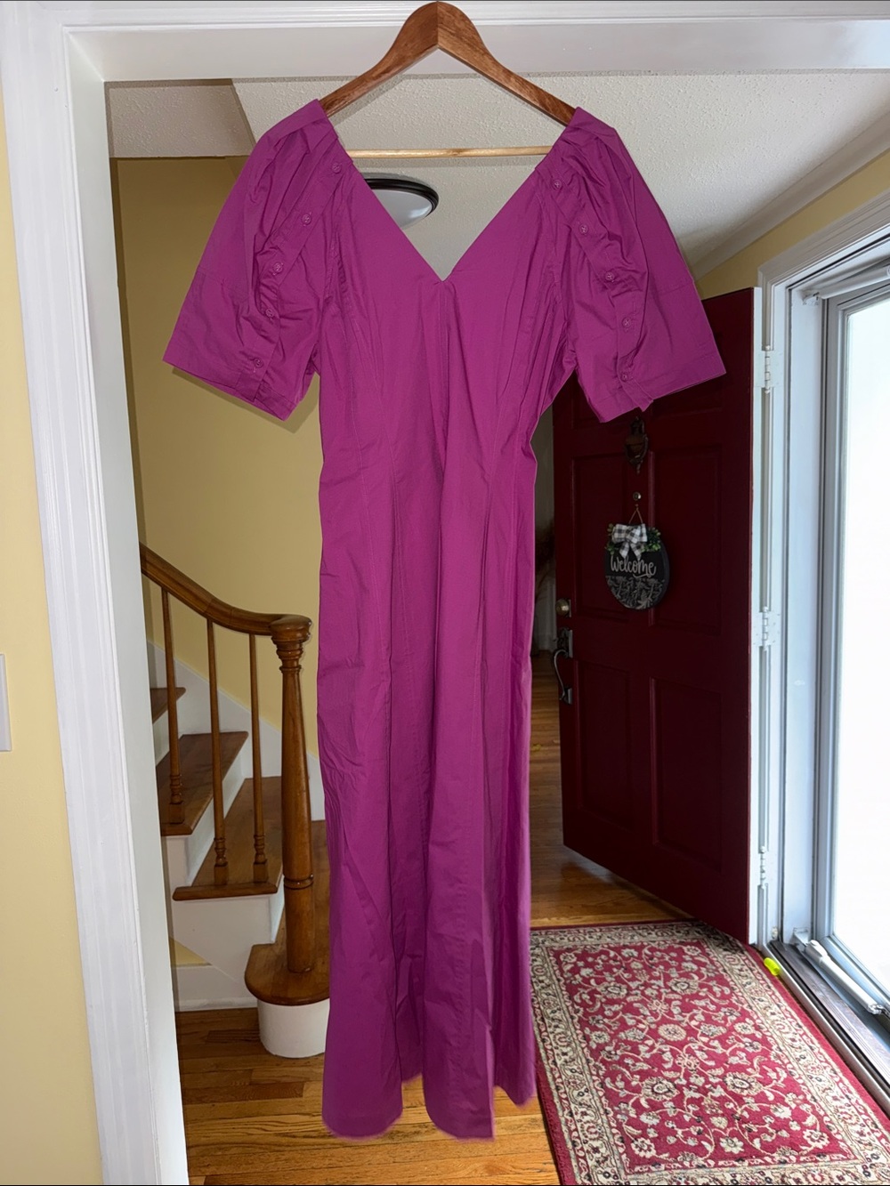 LOFT Magenta V-Neck Maxi Dress with Puff Sleeves
